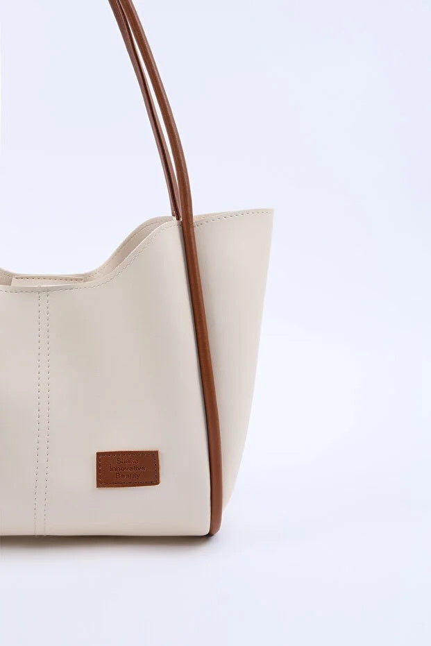 Sac Dame Cream Tan Faux Leather Women Hand And Shoulder Bag With Wallet And Makeup Bag