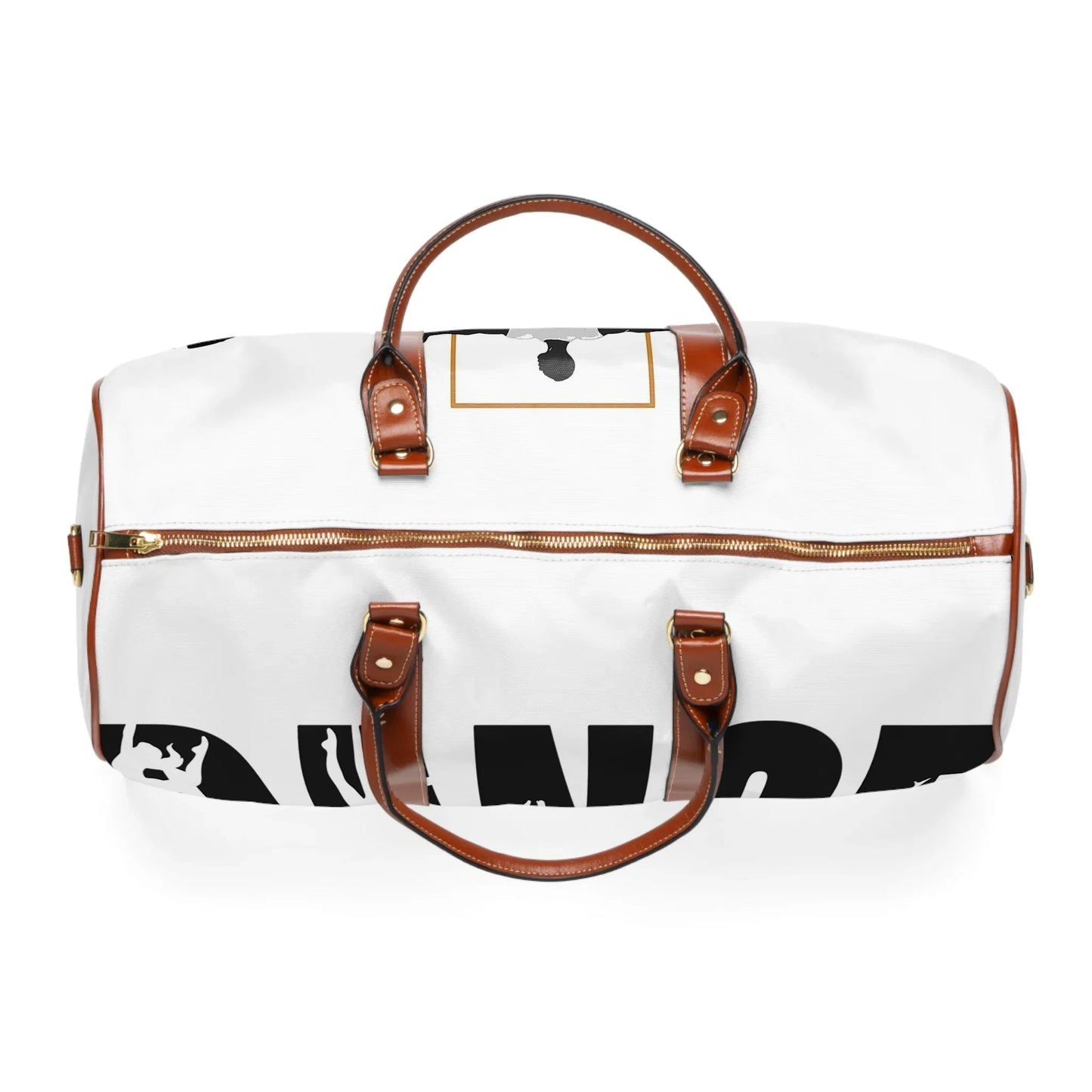 White duffel bag with brown leather handles, gold zipper, and black text design on fabric