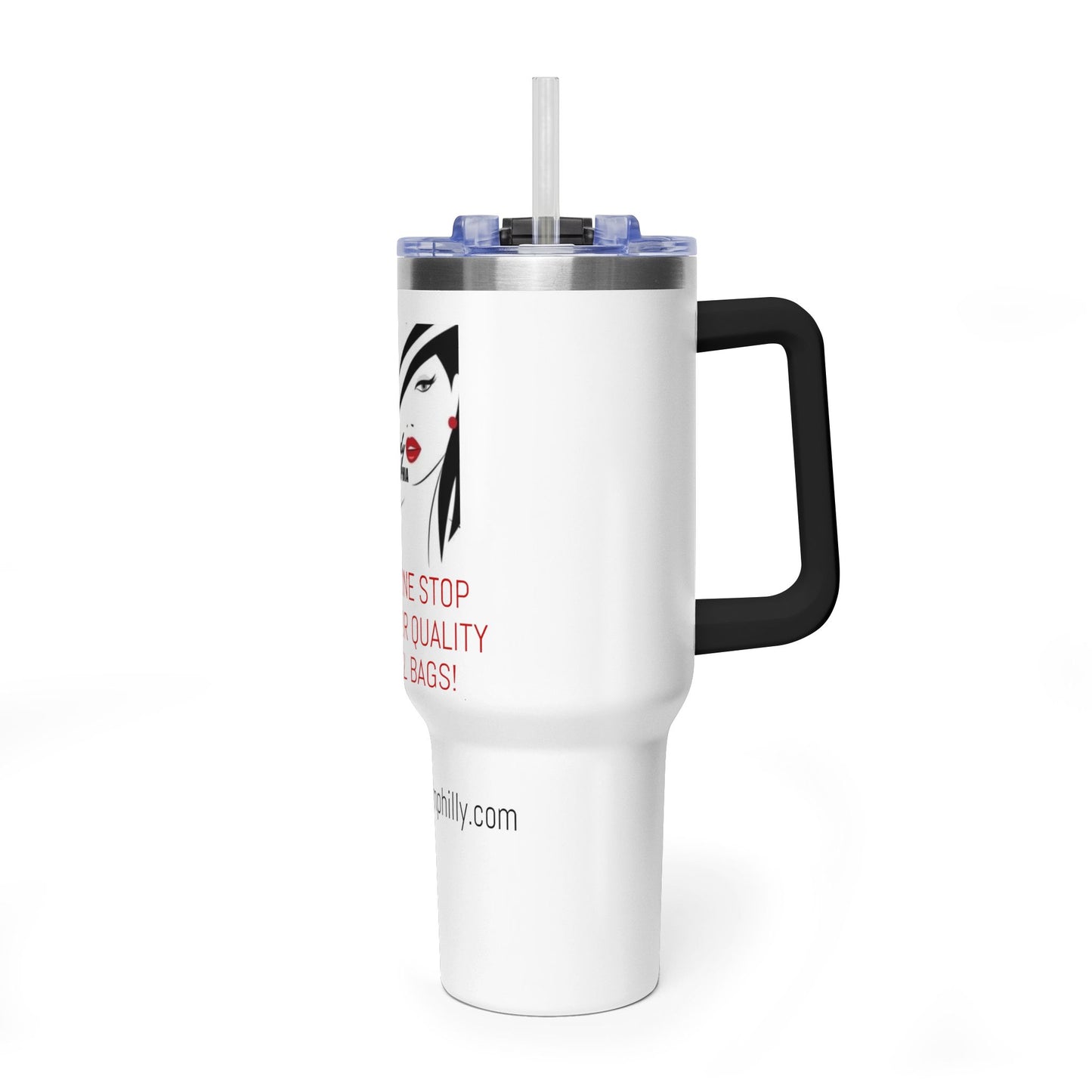 40oz Vacuum Tumbler – Insulated Travel Mug with Straw (Bag Lady From Philly Logo)