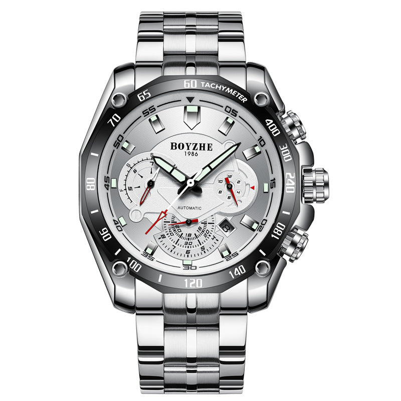 BOYZHE Certified Brand Watch Steel Belt Week Display Luminous Waterproof Watch