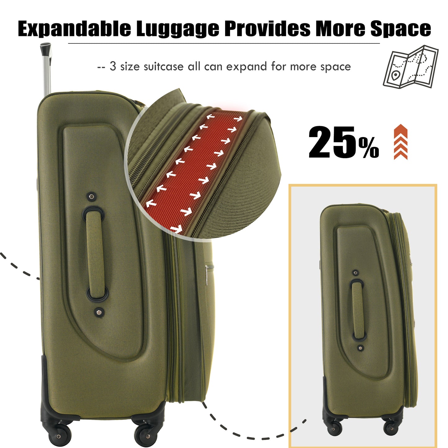 Destination 3-Piece Soft side Luggage Expandable Set Upright Spinner Lightweight Travel Set-22-26-30 Inches
