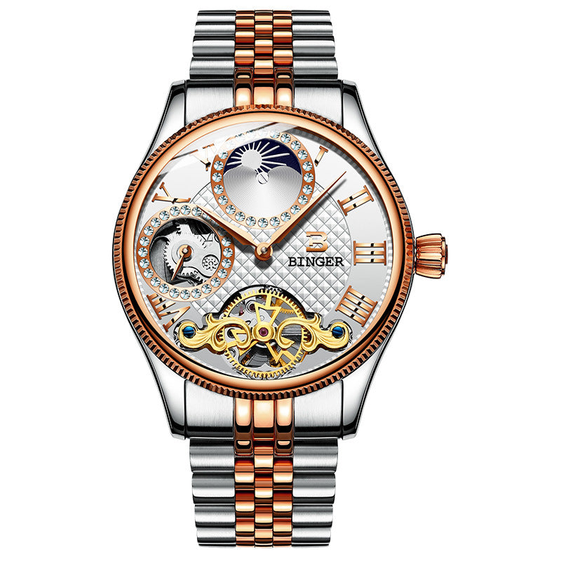 BINGER Luxury Men's Automatic Mechanical Skeleton Waterproof Stainless Steel Watch