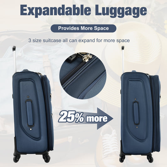DESTINATION BLUE Soft side Luggage Expandable 3 Piece Set Suitcase With Duffel Bag Upright Spinner Travel Set-22"-26"-30"