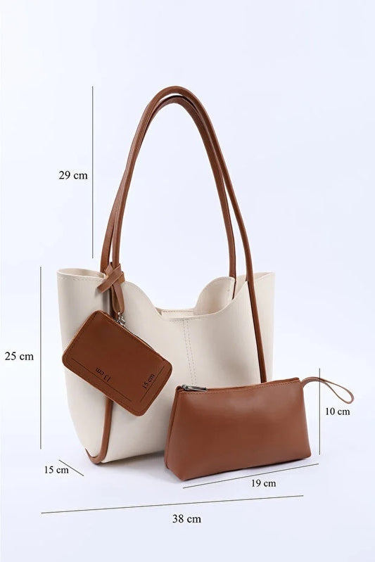 Sac Dame Cream Tan Faux Leather Women Hand And Shoulder Bag With Wallet And Makeup Bag