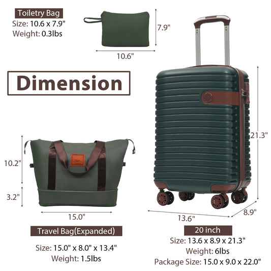 ESCAPE SERIES 3-Piece Carry On Luggage 22x14x9 Airline Approved, Lightweight Hard shell ABS Suitcases With Wheels, 20 Inch, Green