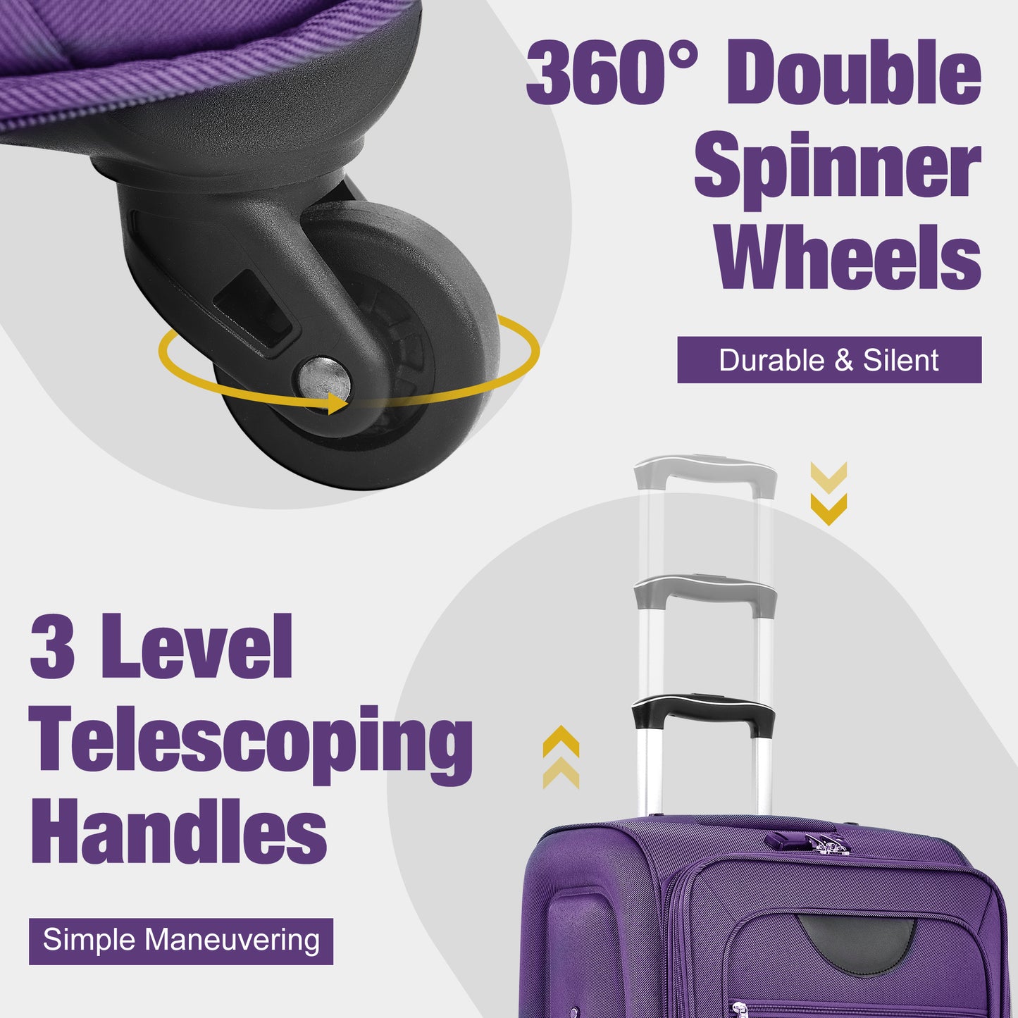 DESTINATION 3+ PURPLE Soft side Luggage Expandable 3 Piece Set Suitcase With Duffel Bag Set-22"-26"-30"