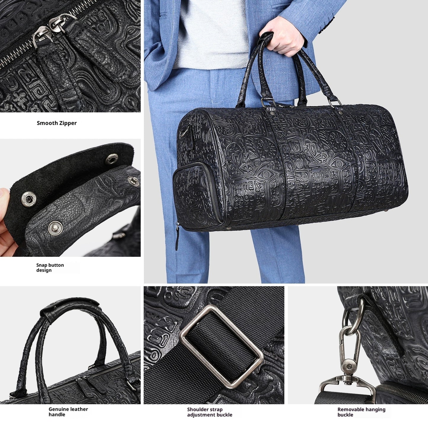 Embossed Design Genuine Leather Travel Bag