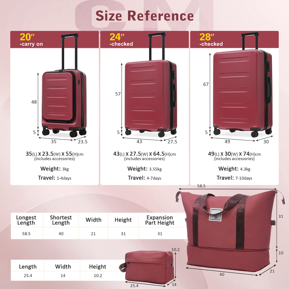 ESCAPE RED Luggage 5-Piece Set With Front Opening, Hard side with USB Port, TSA Locks 20"-24"-28"