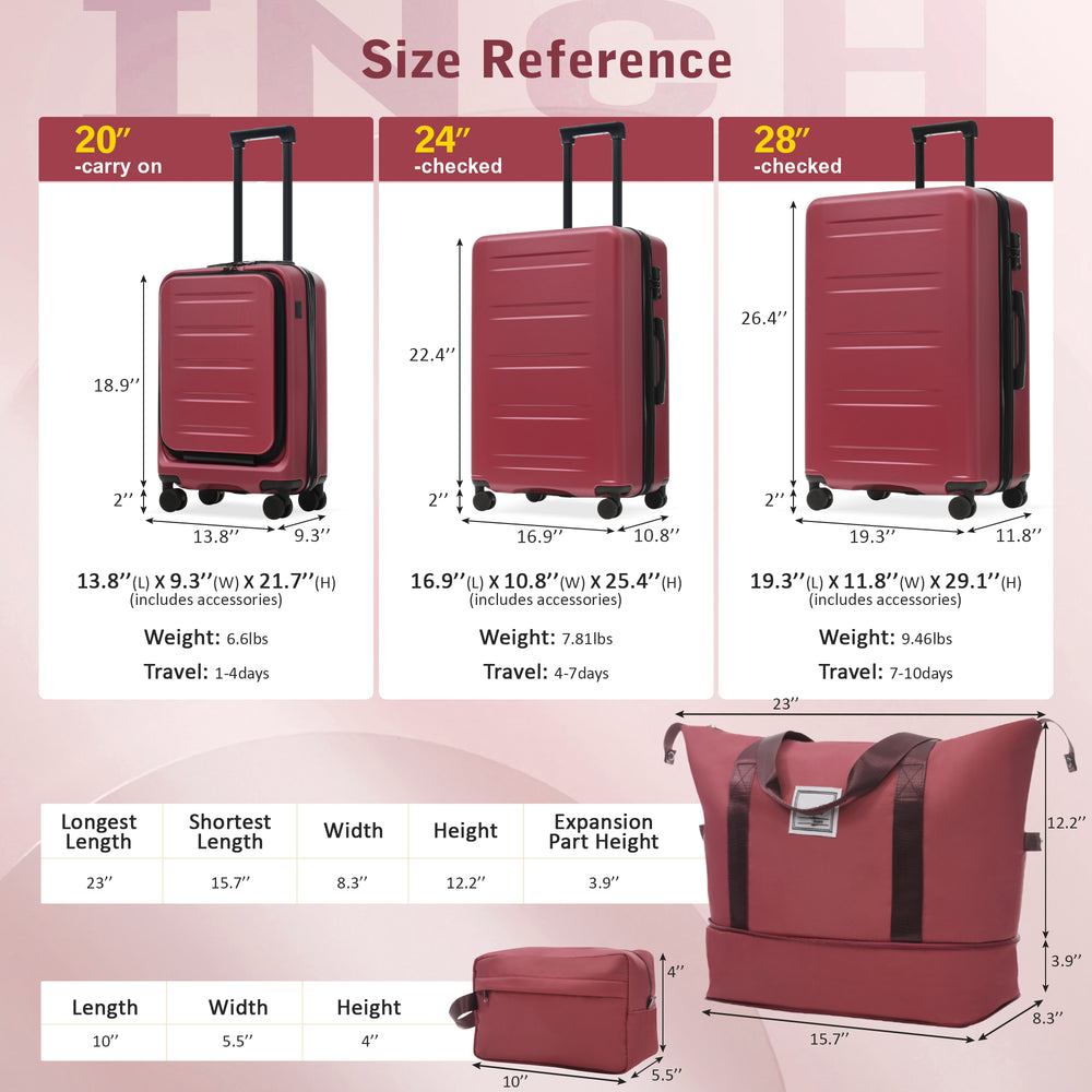 ESCAPE RED Luggage 5-Piece Set With Front Opening, Hard side with USB Port, TSA Locks 20"-24"-28"