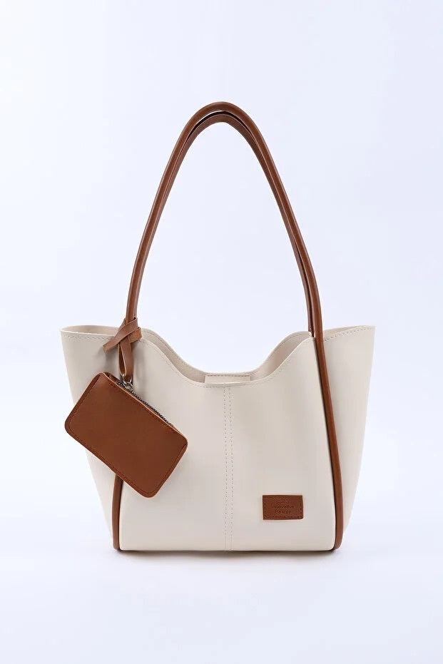 Sac Dame Cream Tan Faux Leather Women Hand And Shoulder Bag With Wallet And Makeup Bag
