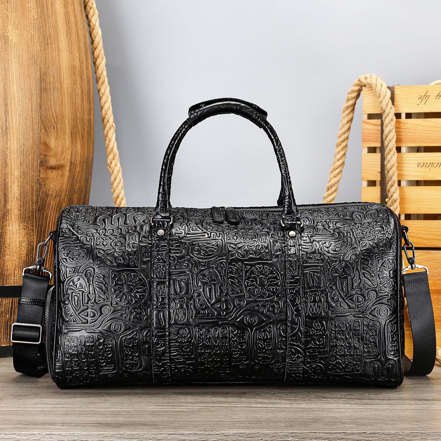 Embossed Design Genuine Leather Travel Bag