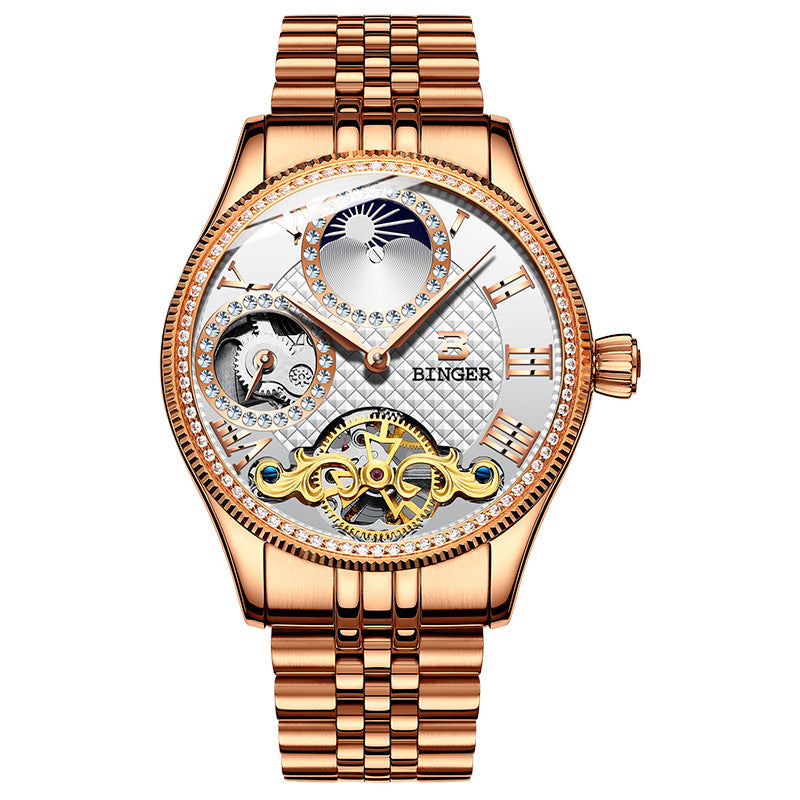 BINGER Luxury Men's Automatic Mechanical Skeleton Waterproof Stainless Steel Watch