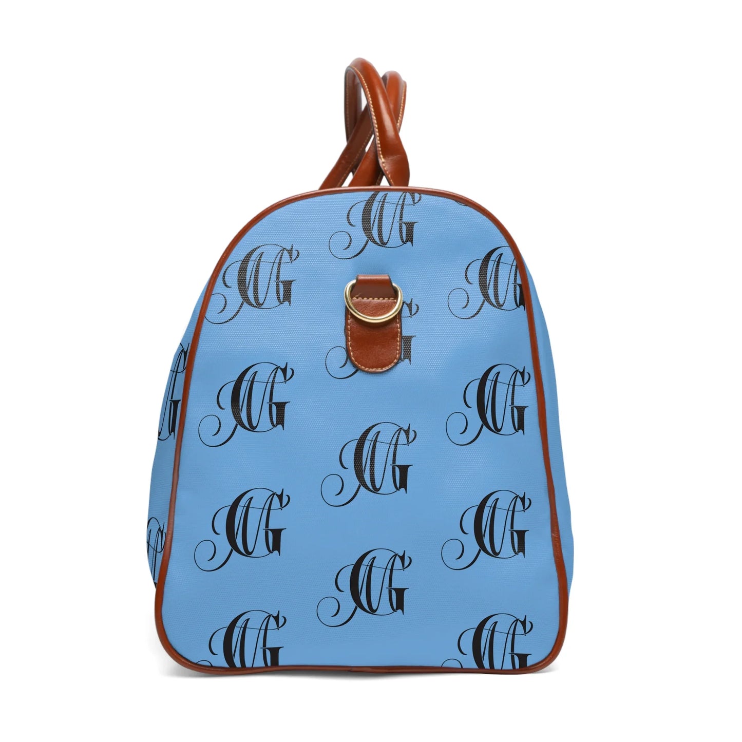 Blue backpack with brown trim and black stylish monogram pattern on fabric