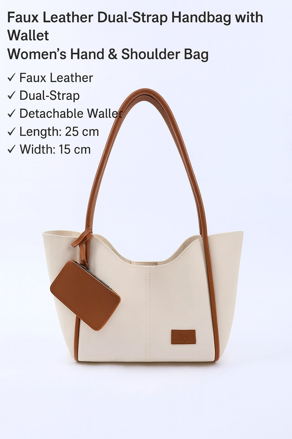 Sac Dame Cream Tan Faux Leather Women Hand And Shoulder Bag With Wallet And Makeup Bag