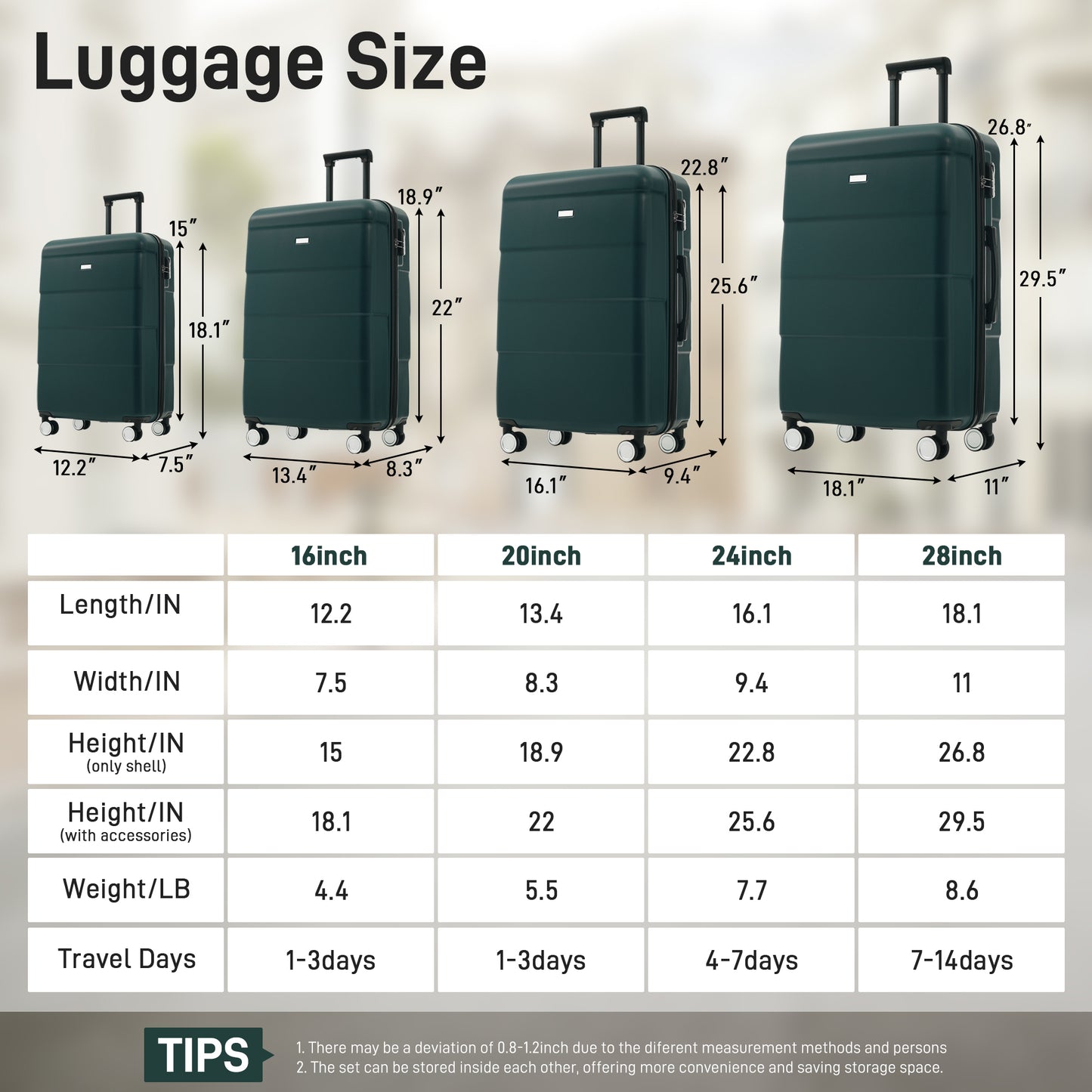 ESCAPE SERIES EMERALD 6 Piece SET with 2 Bags, Double Spinner Wheels, Lightweight 16"-20"-24"-28"
