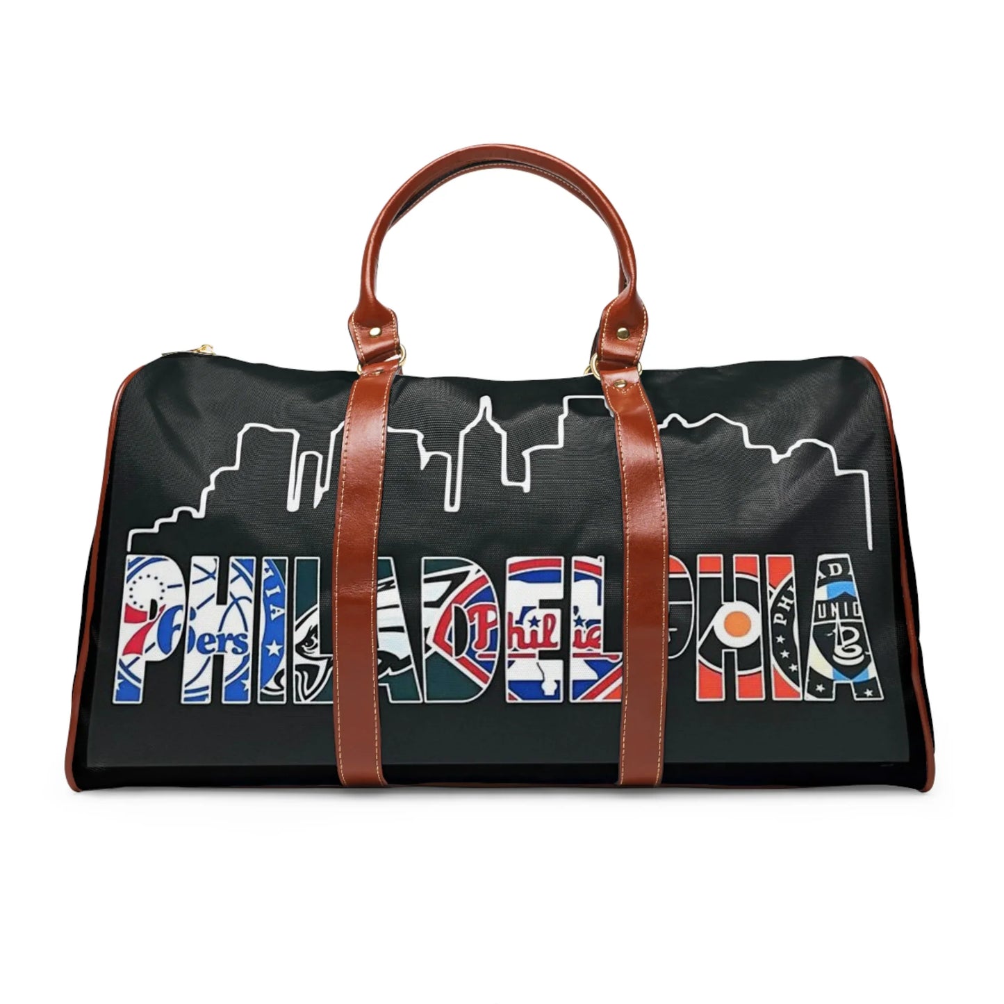 Black Philadelphia duffel bag with brown leather handles featuring city skyline and sports team logos