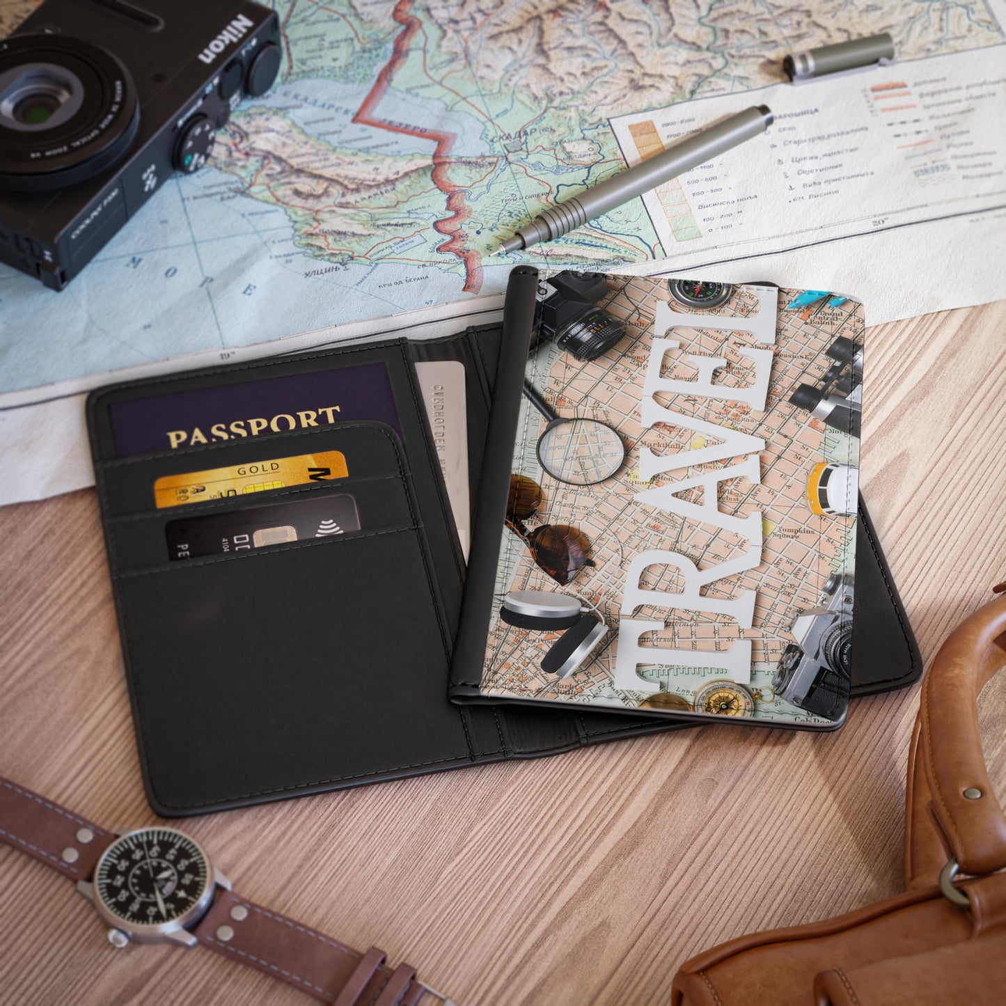 Travel Passport Cover — Adventure Map Design with 'TRAVEL' Text; add your Initials and make it one of a kind.