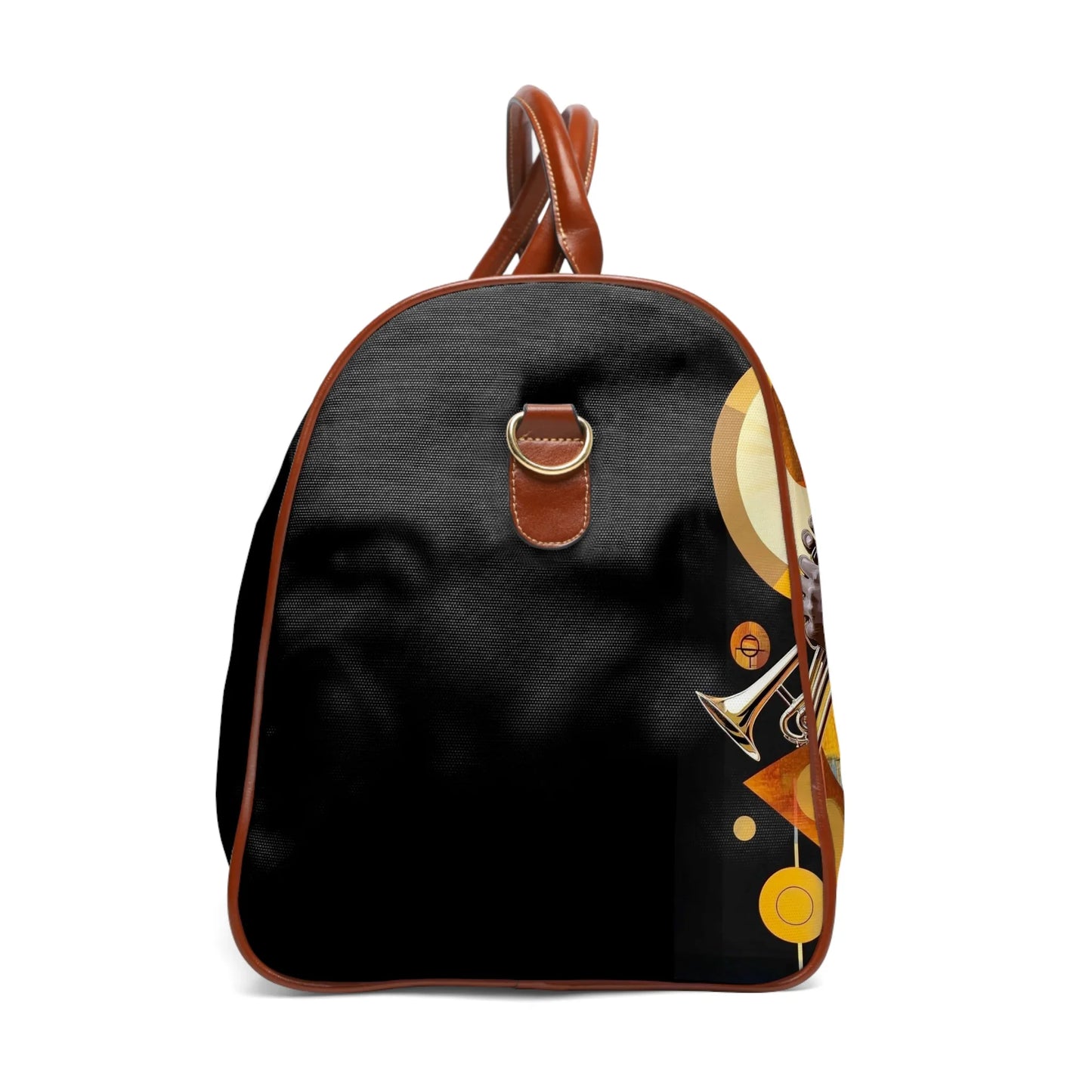 Black backpack with brown leather trim and abstract trumpet musical design