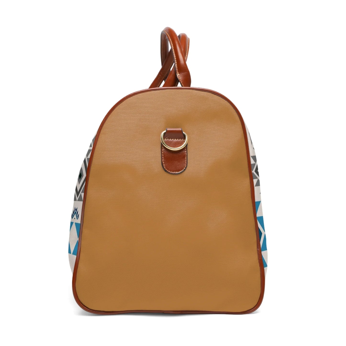 Tan and brown backpack with blue and white geometric patterned sides and leather straps