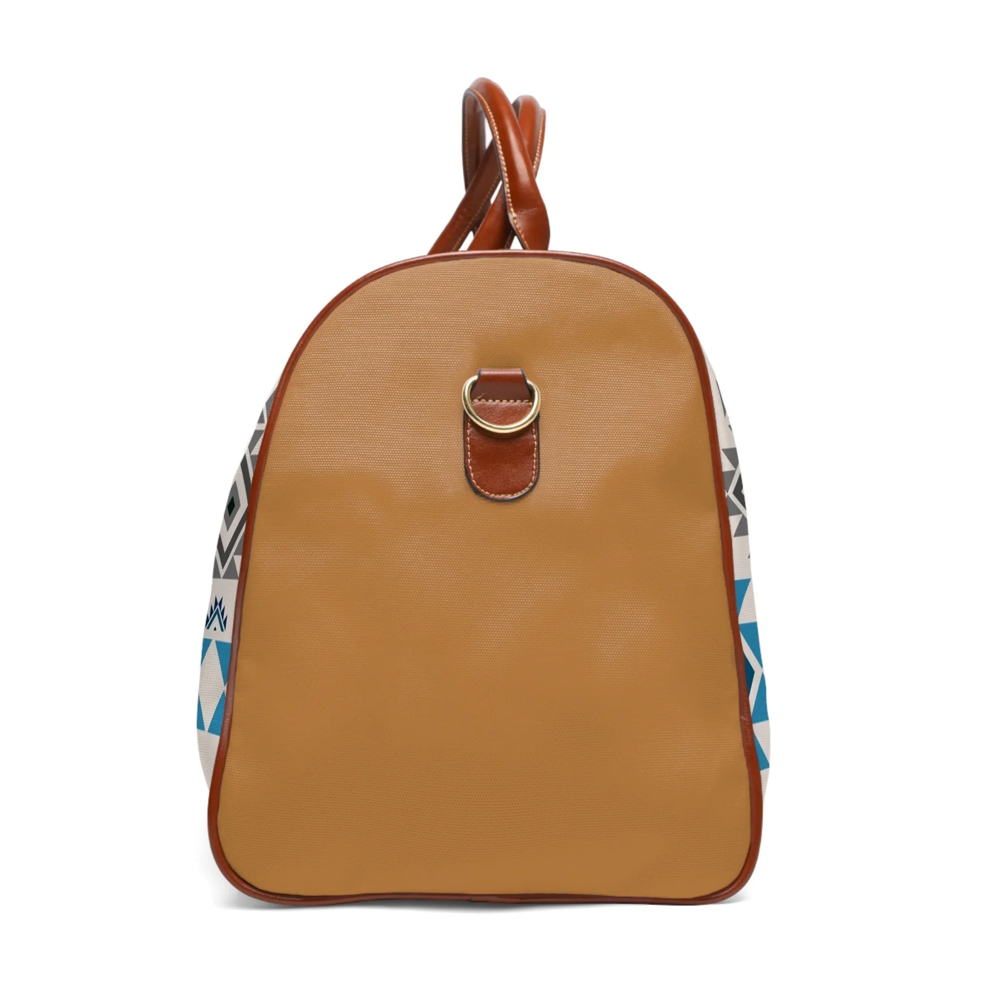 Tan and brown backpack with blue and white geometric patterned sides and leather straps