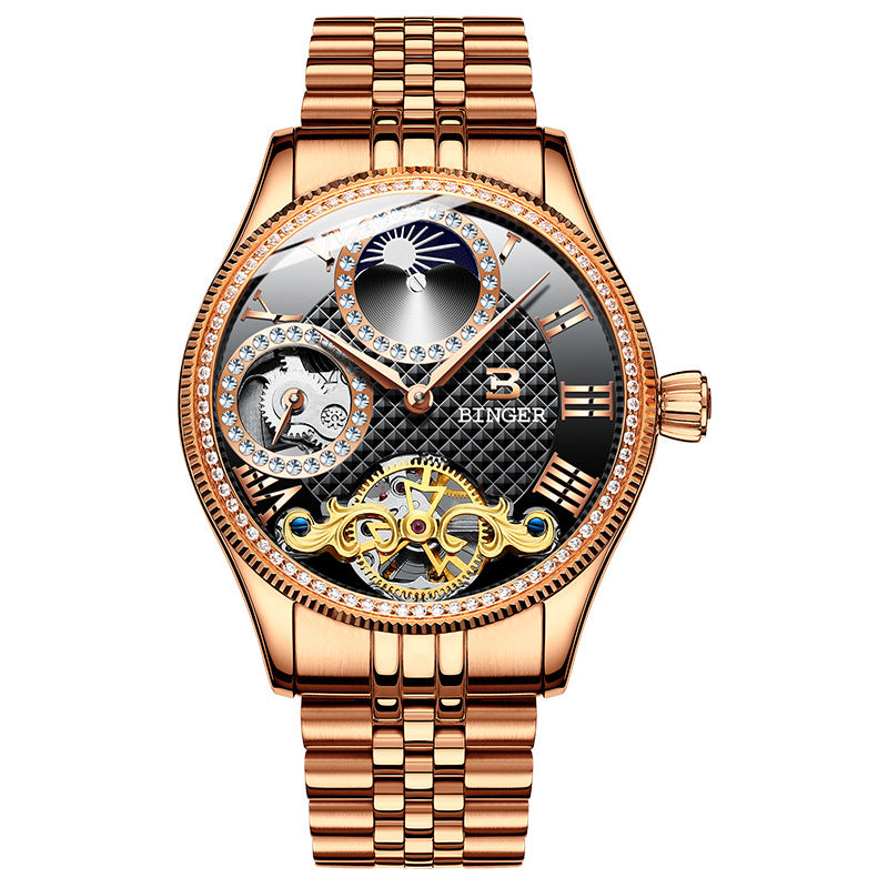 BINGER Luxury Men's Automatic Mechanical Skeleton Waterproof Stainless Steel Watch