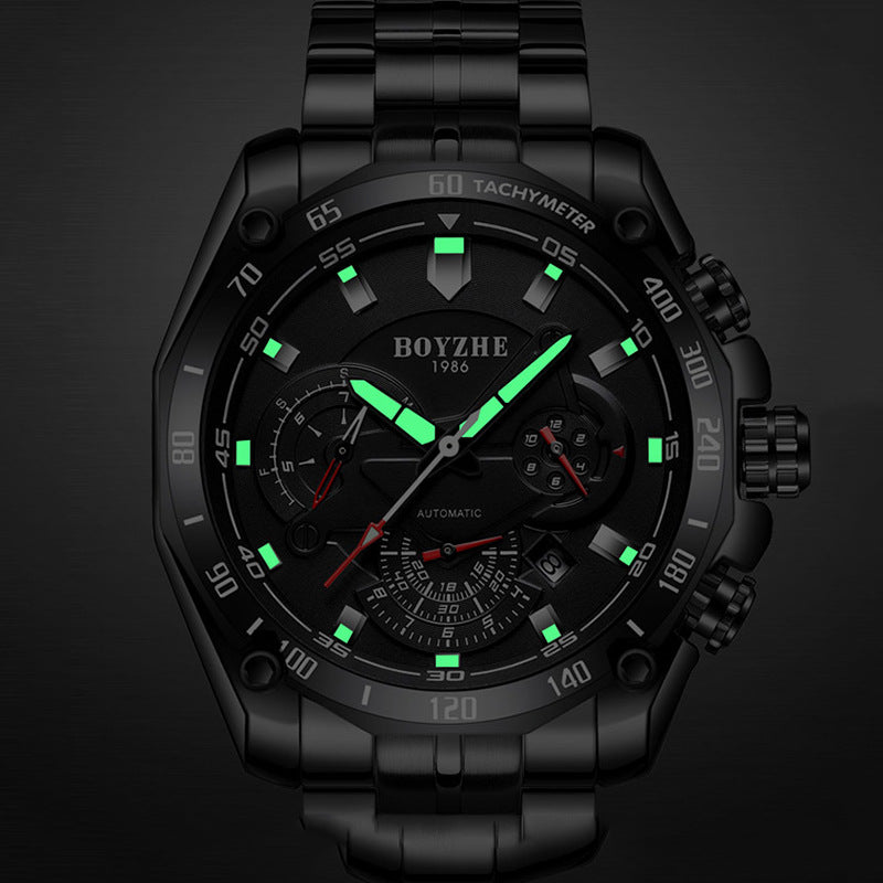 BOYZHE Certified Brand Watch Steel Belt Week Display Luminous Waterproof Watch