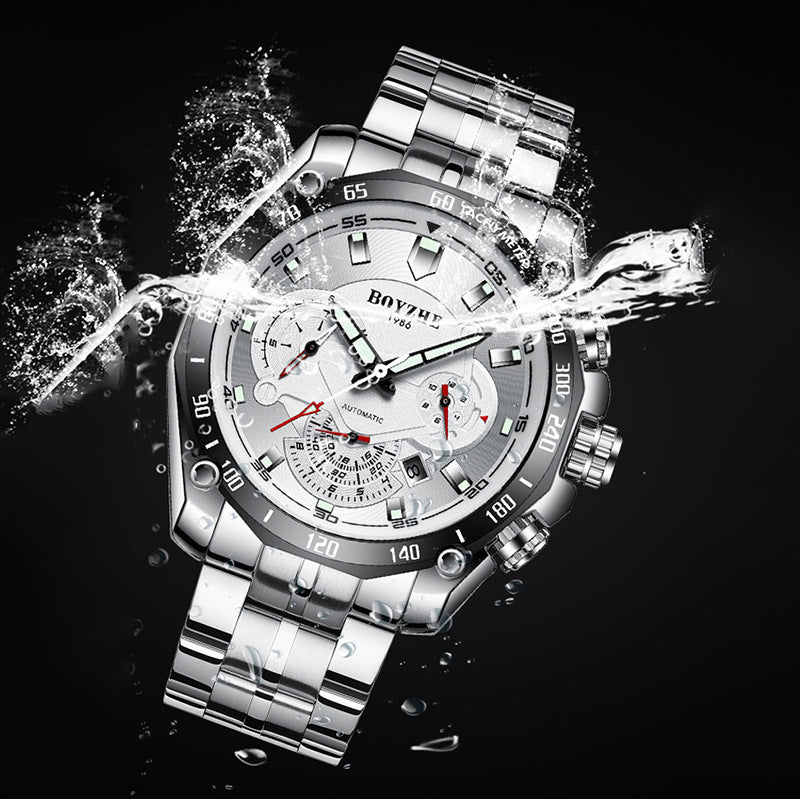 BOYZHE Certified Brand Watch Steel Belt Week Display Luminous Waterproof Watch