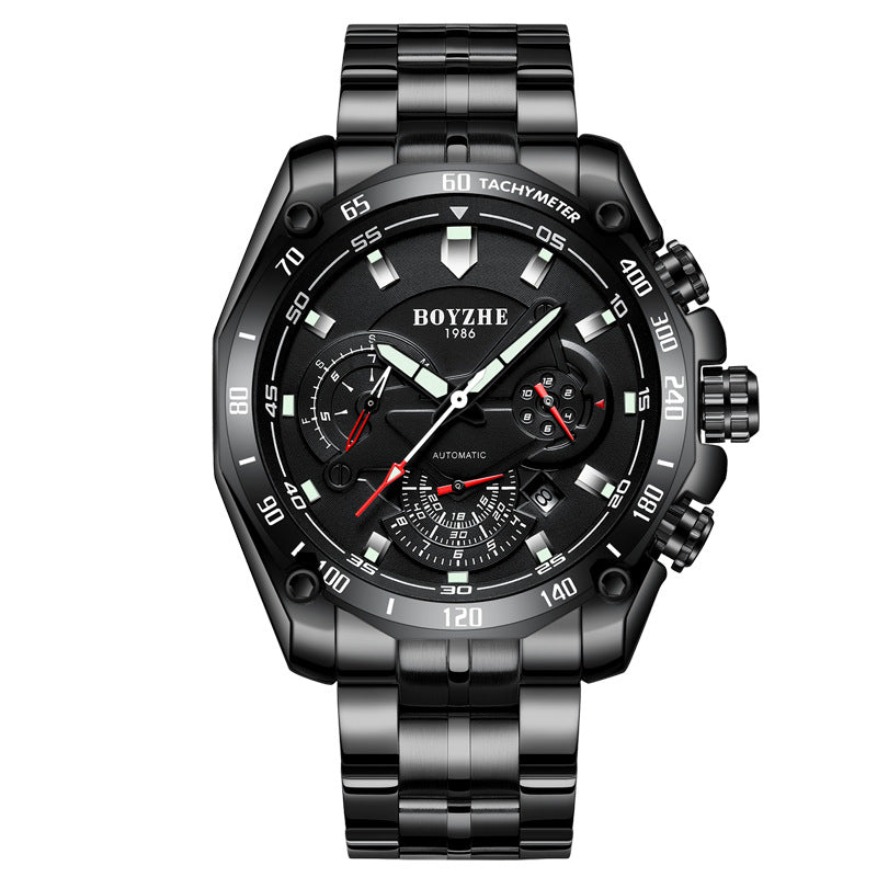 BOYZHE Certified Brand Watch Steel Belt Week Display Luminous Waterproof Watch