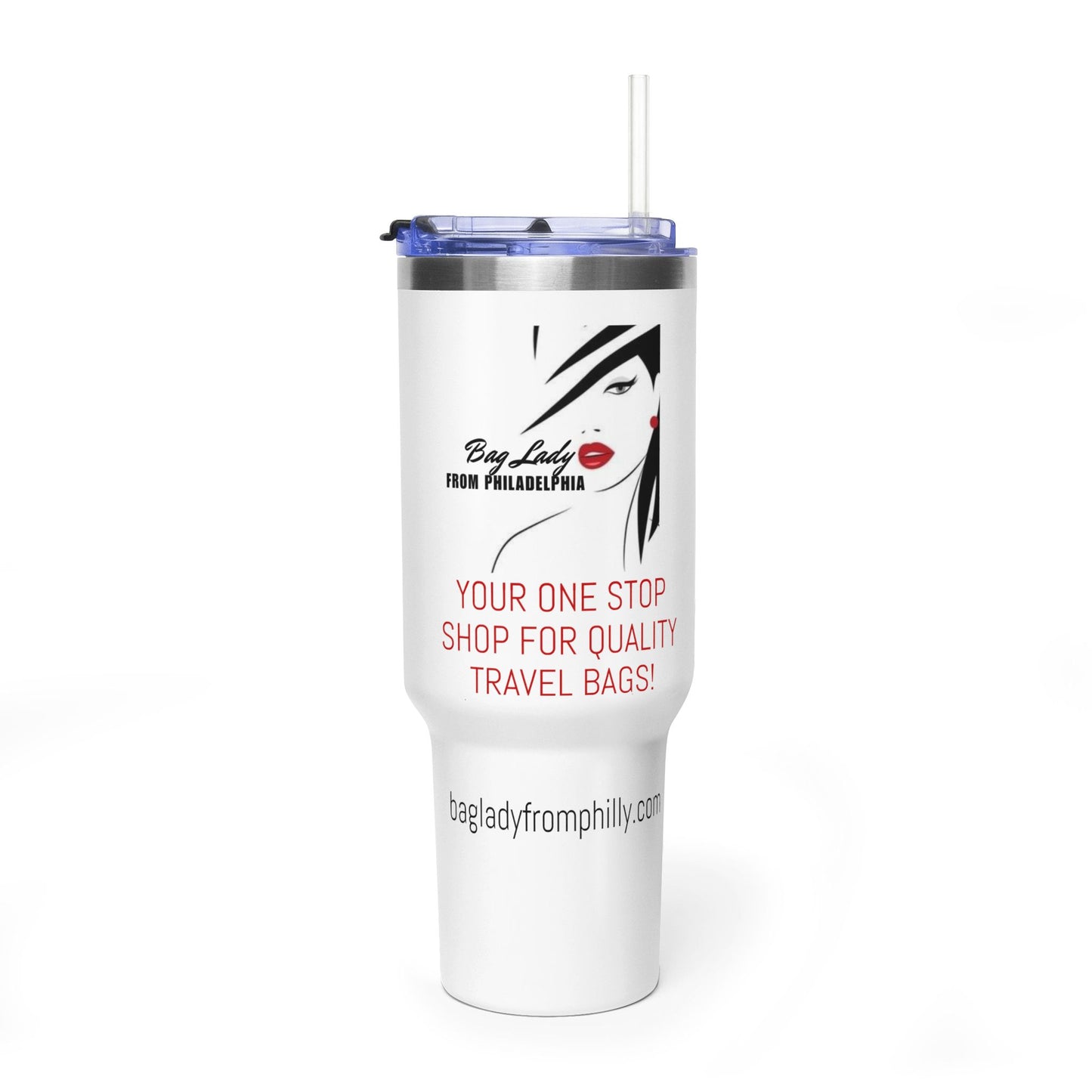 40oz Vacuum Tumbler – Insulated Travel Mug with Straw (Bag Lady From Philly Logo)