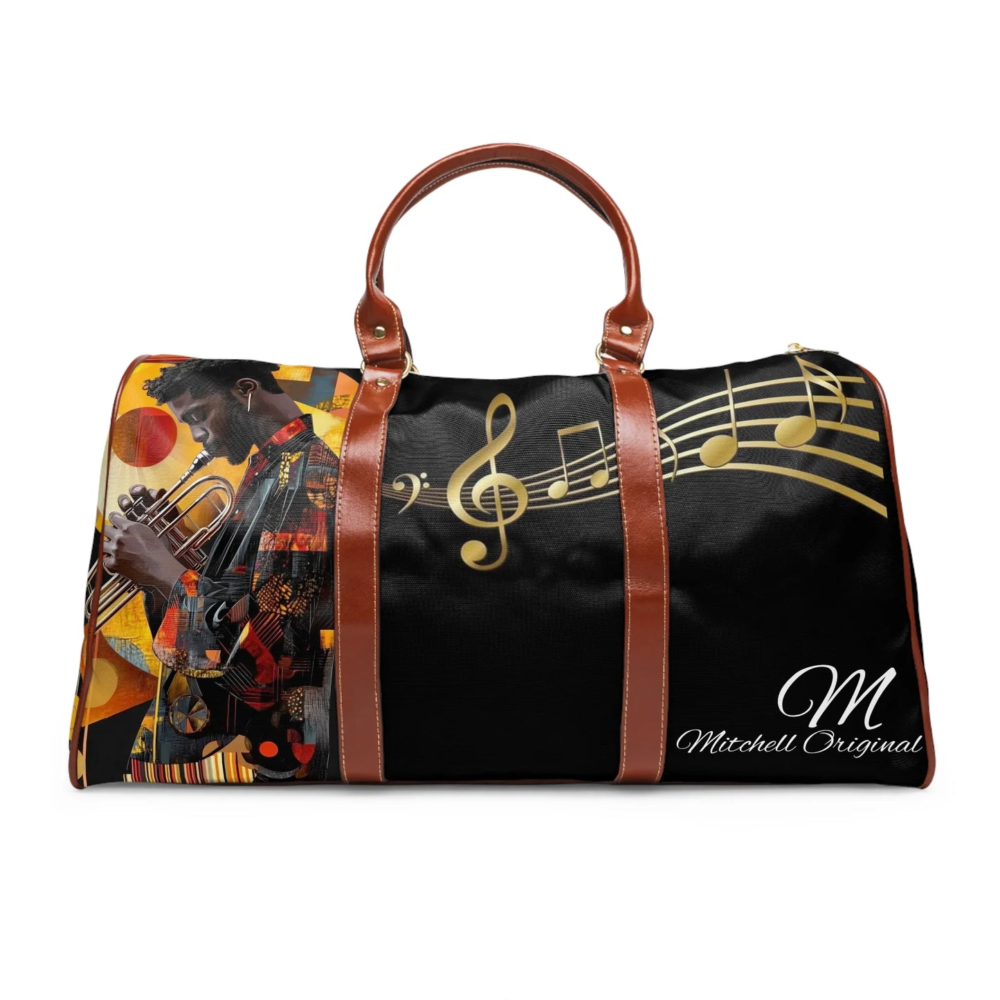 Black duffle bag with brown leather handles featuring art of a man playing trumpet and gold musical notes