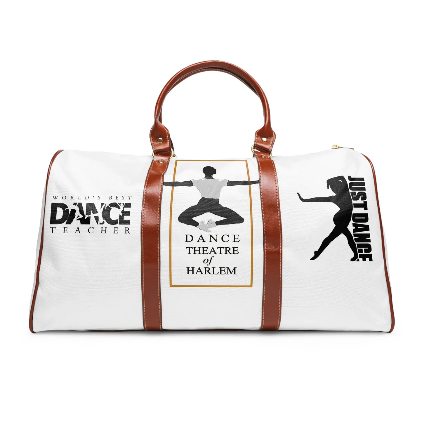 White dance duffel bag with brown leather handles featuring dance teacher and Dance Theatre of Harlem logos