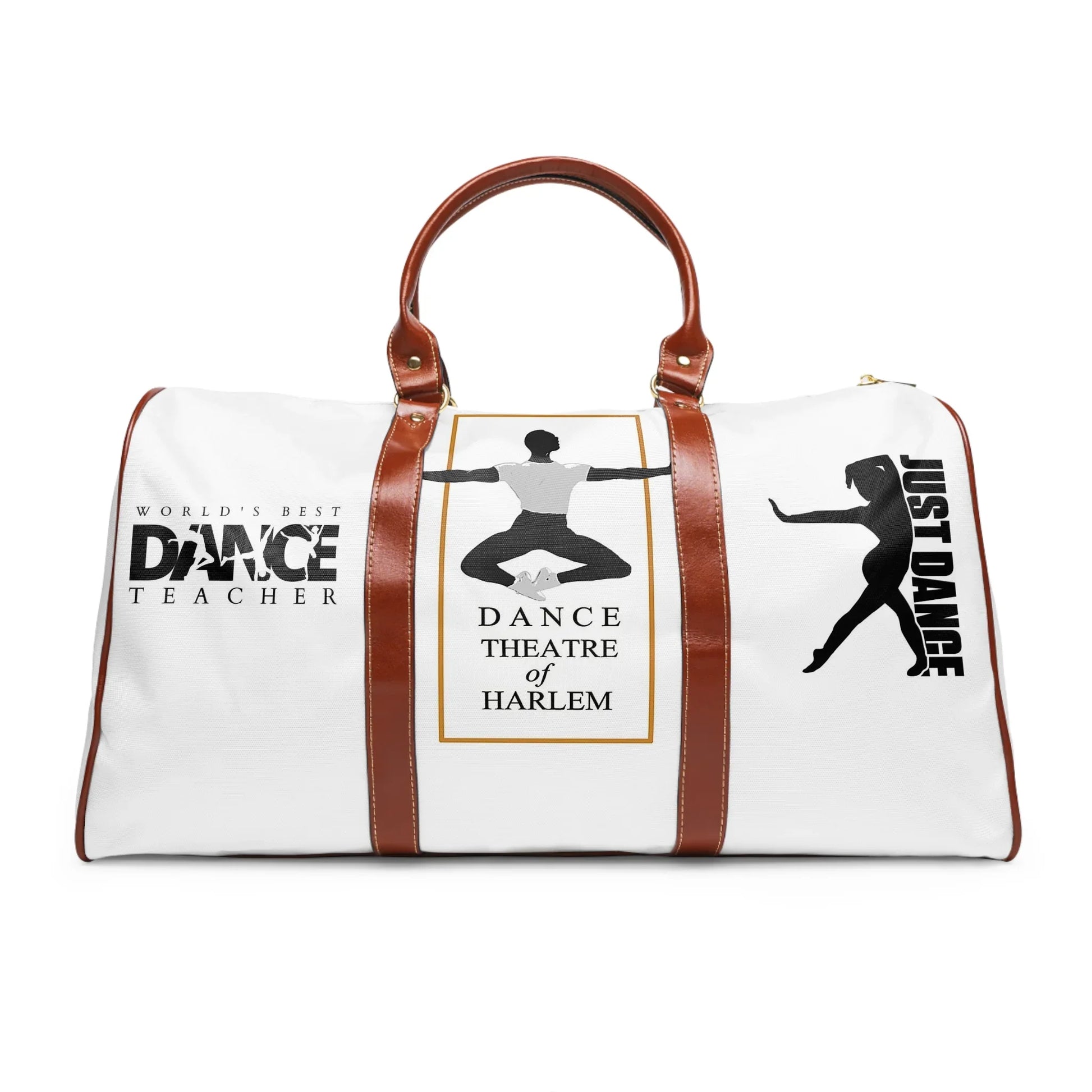White dance duffel bag with brown leather handles featuring dance teacher and Dance Theatre of Harlem logos