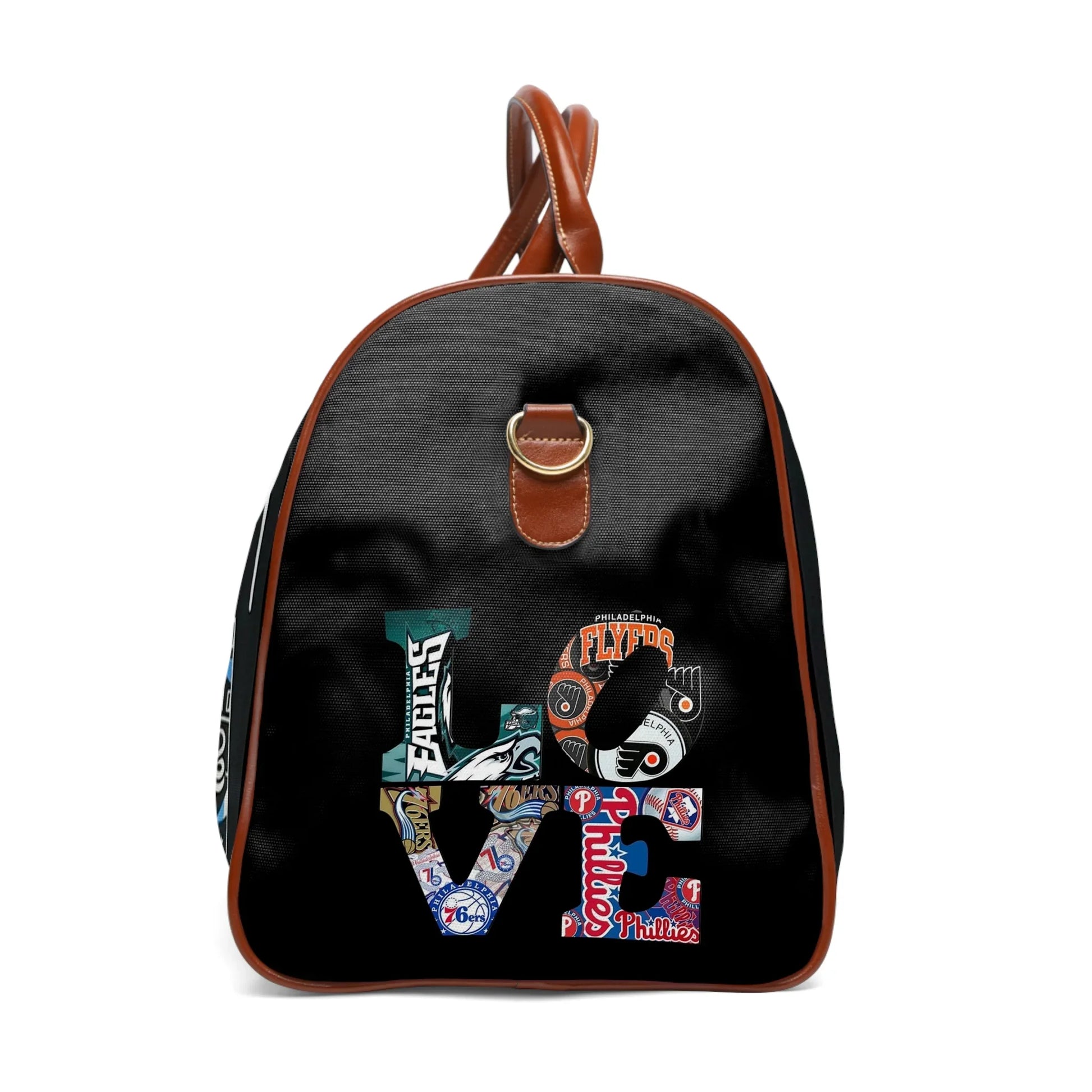 Black backpack with brown trim featuring WORD LOVE filled with Philadelphia Eagles, Flyers, 76ers, and Phillies logos