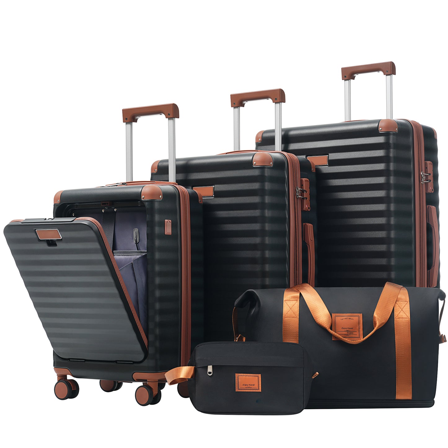 ESCAPE SERIES BROWN 5 Piece With Front Opening , Hard side Suitcases With Spinner Wheels TSA Lock USB Port  Cup Holder Duffel Bag And Toiletry Bag