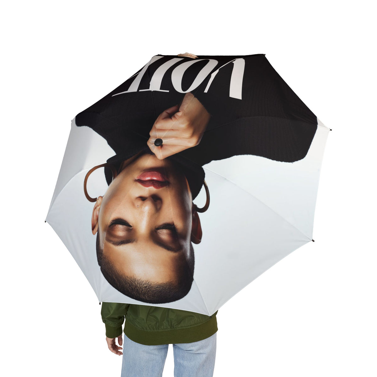 Portrait Print Foldable Umbrella – Bold Black & White Photo Design