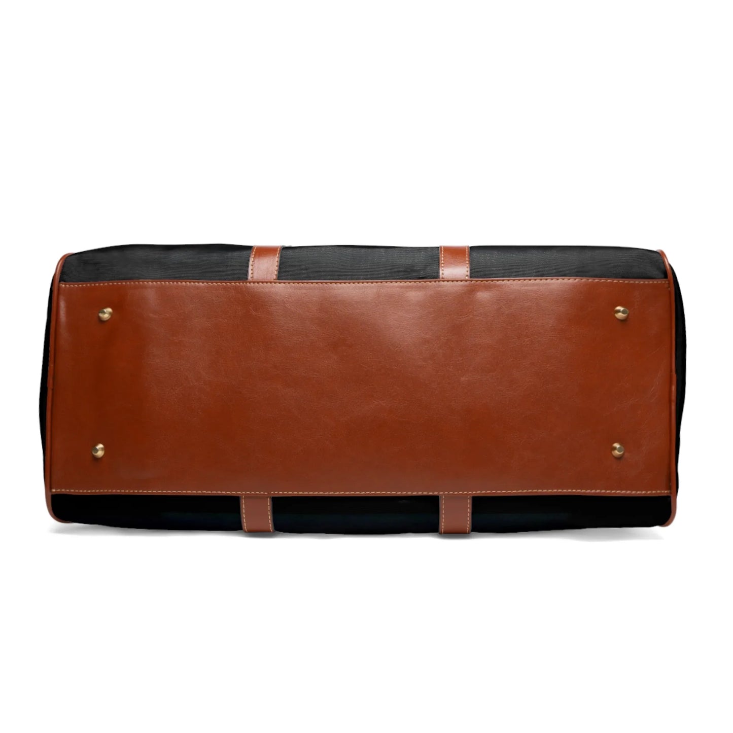 Bottom view of black travel bag with brown leather base and metal studs on white background