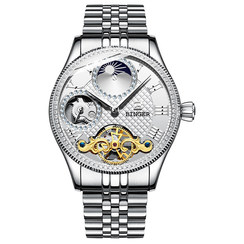 BINGER Luxury Men's Automatic Mechanical Skeleton Waterproof Stainless Steel Watch