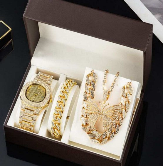 Diamond Bling Ladies Quartz Watch 3-Piece Gift Box