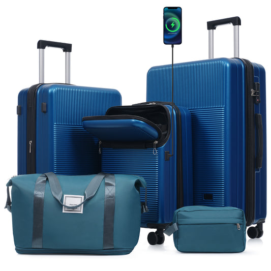 ESCAPE WILD BLUE 5 Piece With Half-opening, Hard side Carry On Suitcase Set With Double Spinner Wheel, Lightweight Travel Luggage With USB Port,TSA Locks