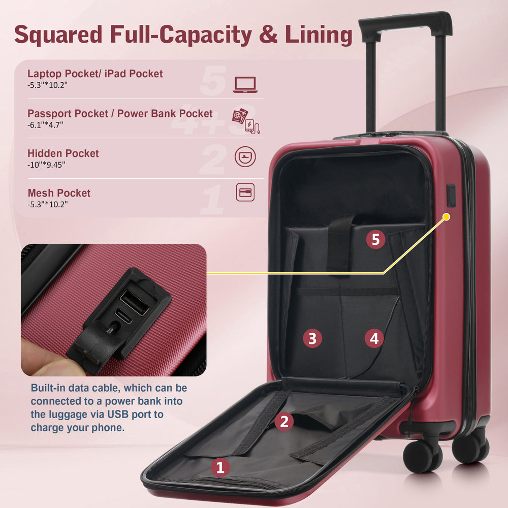ESCAPE RED Luggage 5-Piece Set With Front Opening, Hard side with USB Port, TSA Locks 20"-24"-28"