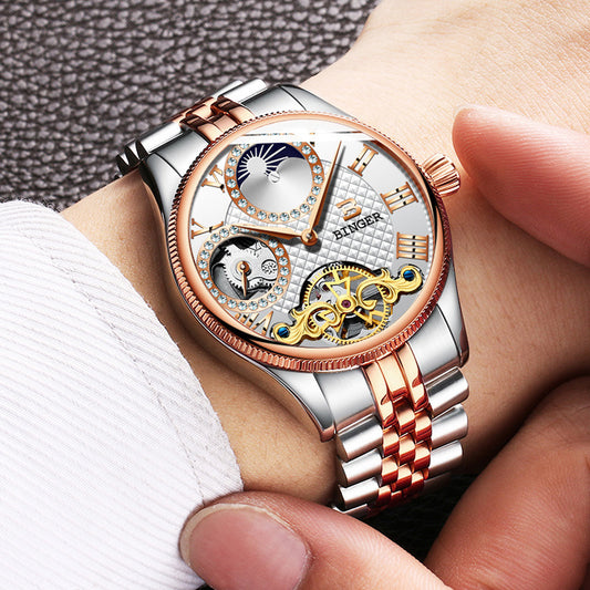 BINGER Luxury Men's Automatic Mechanical Skeleton Waterproof Stainless Steel Watch