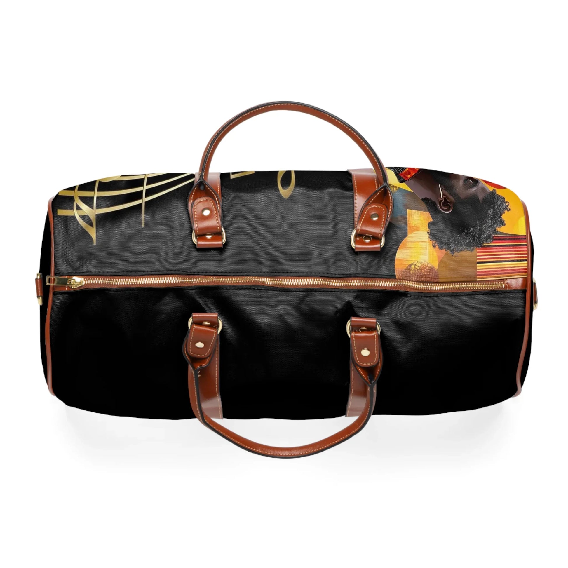 Black and brown leather weekend duffel bag with golden musical notes and artistic African woman design