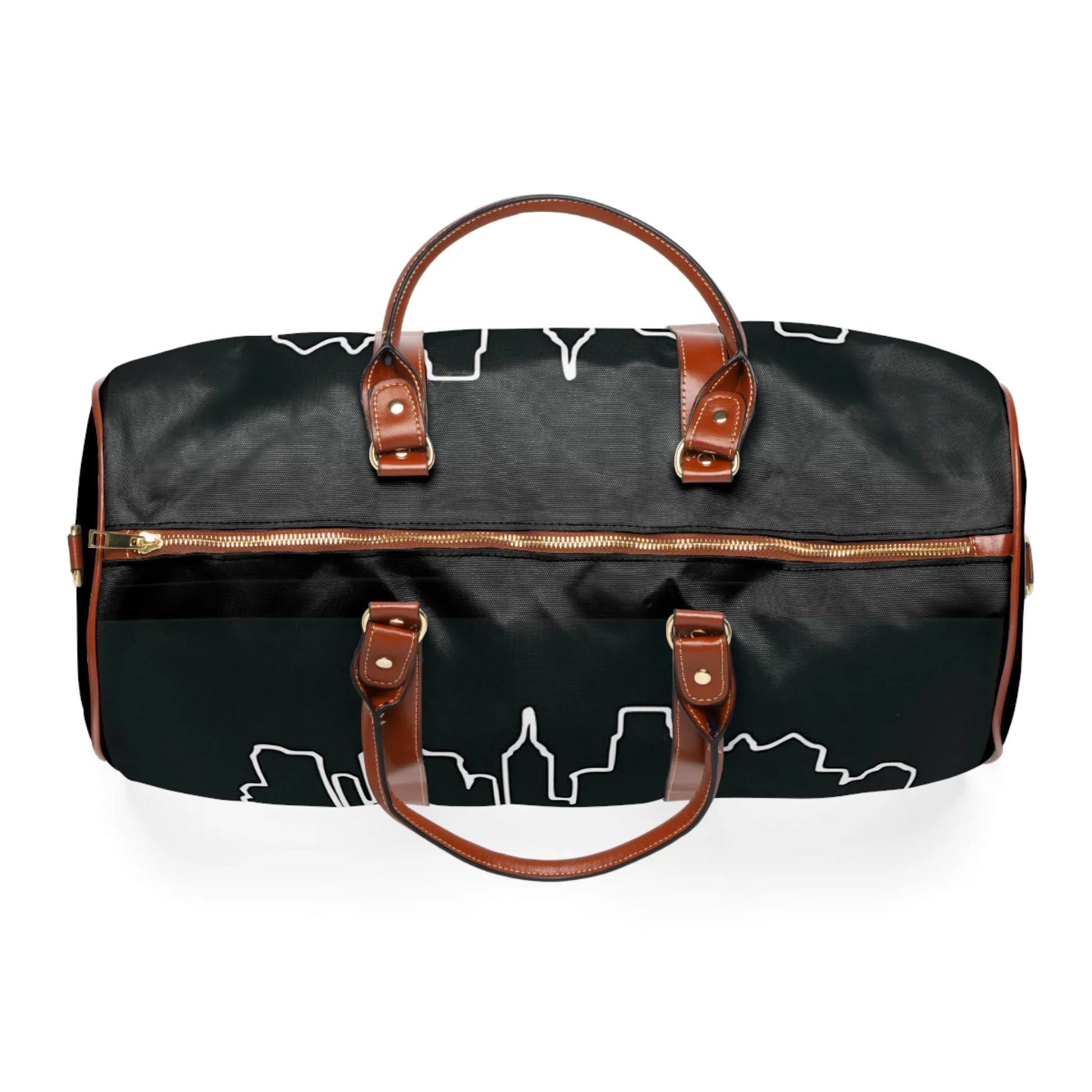 Black duffel bag with brown leather handles, gold zipper, and white city skyline design
