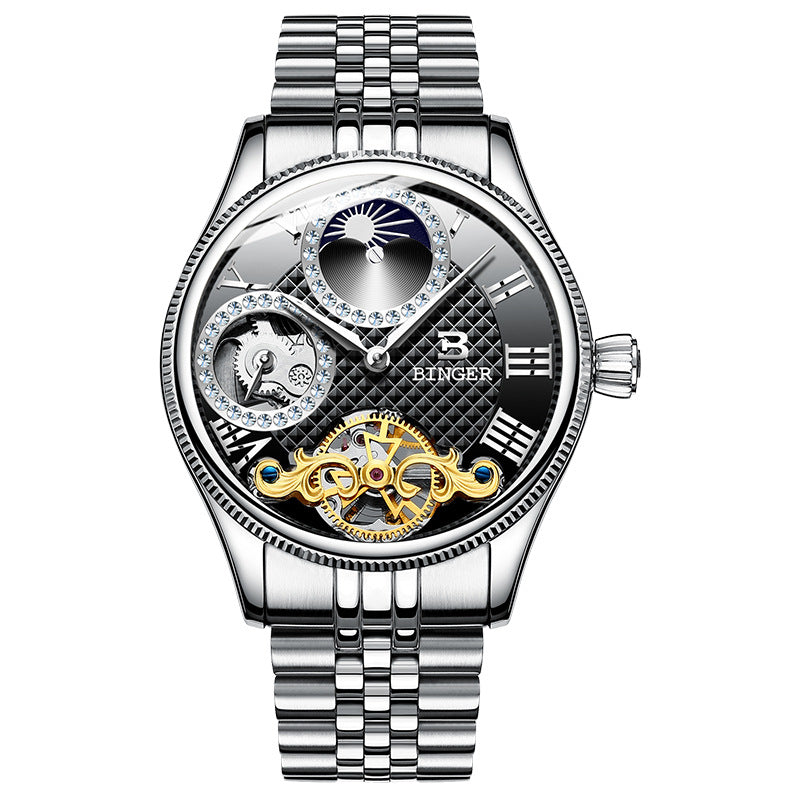 BINGER Luxury Men's Automatic Mechanical Skeleton Waterproof Stainless Steel Watch