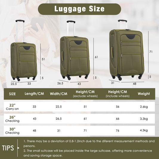 Destination 3-Piece Soft side Luggage Expandable Set Upright Spinner Lightweight Travel Set-22-26-30 Inches