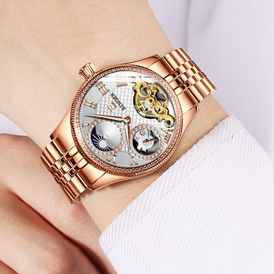 BINGER Luxury Men's Automatic Mechanical Skeleton Waterproof Stainless Steel Watch