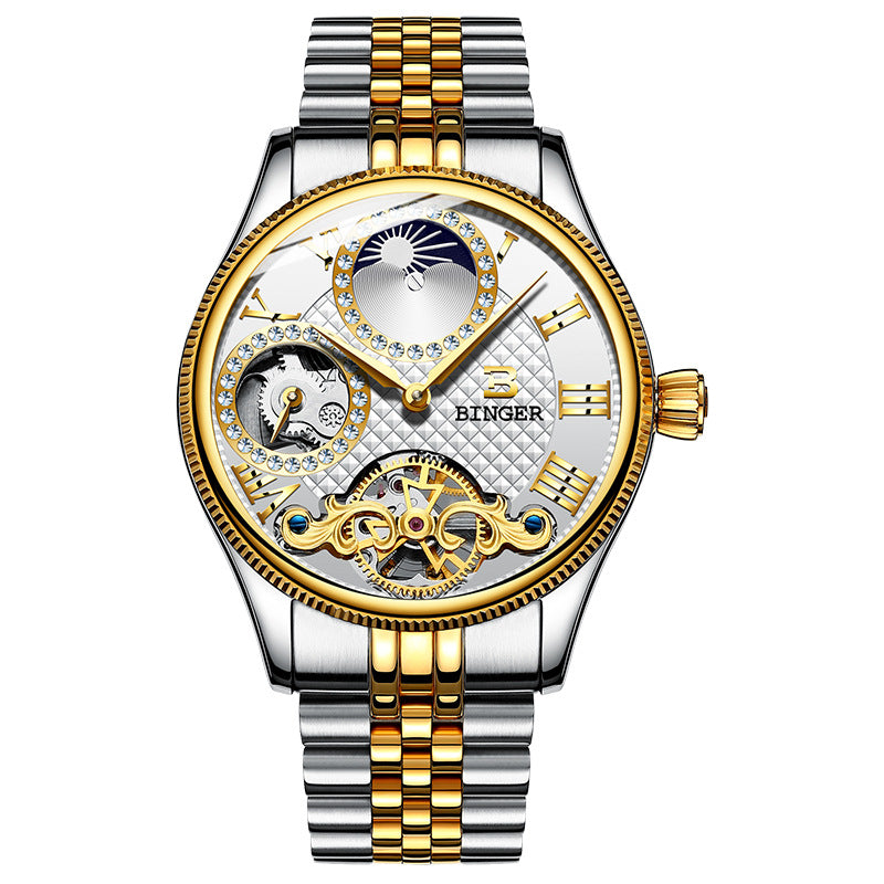 BINGER Luxury Men's Automatic Mechanical Skeleton Waterproof Stainless Steel Watch