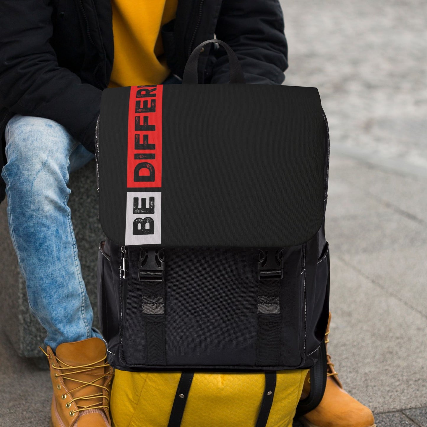 Be Different Black Casual Backpack — Urban Daypack with 'BE DIFFERENT' Accent