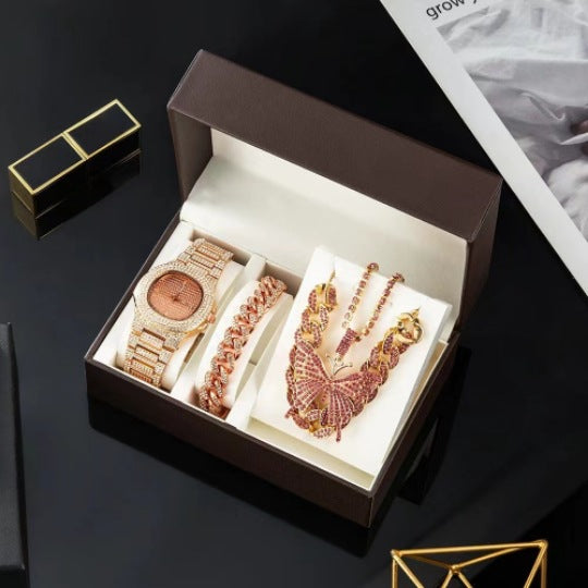 Diamond Bling Ladies Quartz Watch 3-Piece Gift Box