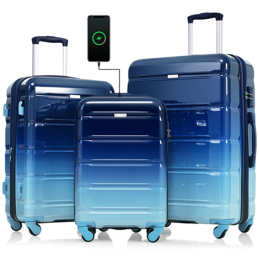 ESCAPE SERIES Gradient Blue Set Of 3, 20-inch With USB Port, Airline Certified Carry-on Luggage, ABS PC Hard Shell with Spinner Wheels